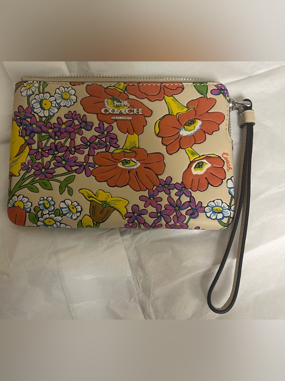 Coach Cream Floral Wristlet with Orange, Purple & Yellow Blooms Great condition